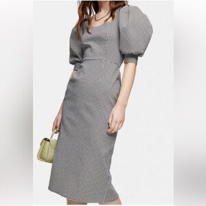 Top Shop Size 6 Gingham Plaid Puff Sleeve Midi Dress Black White‎